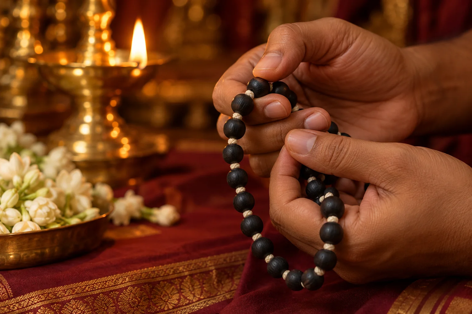 Hands counting karungali beads in prayer beside a brass lamp