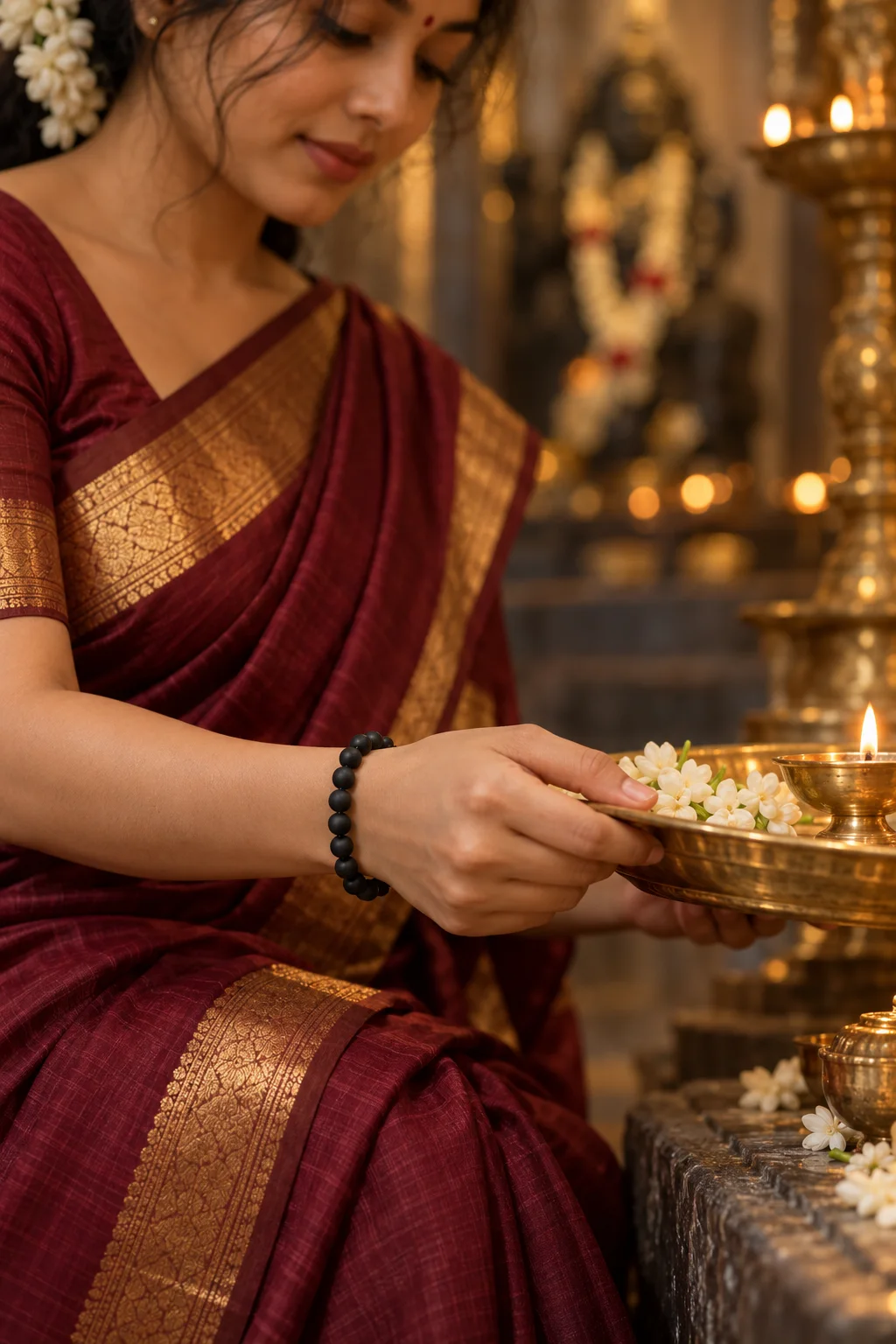 A woman in a maroon silk saree wearing a karungali bracelet, holding a lamp